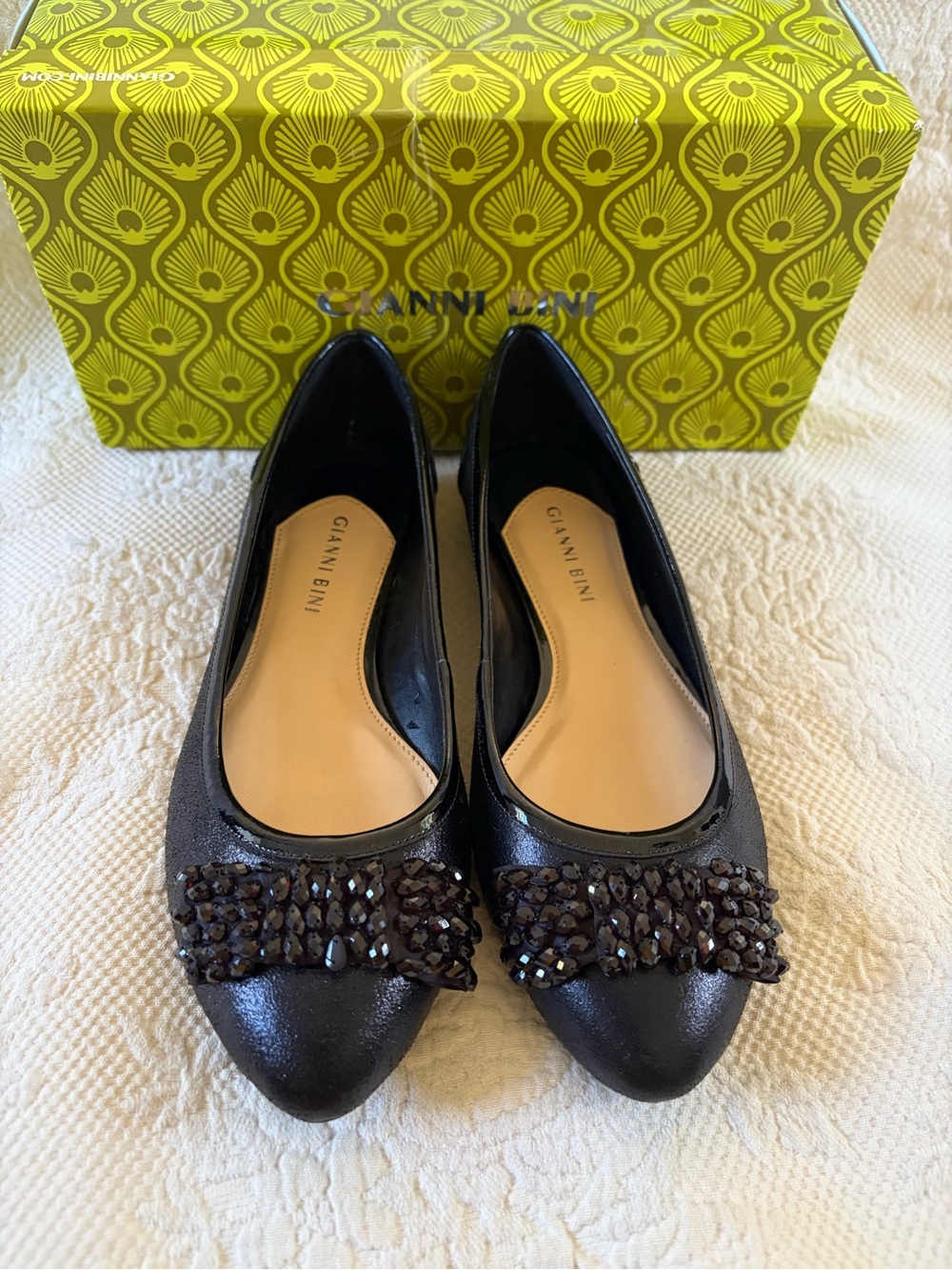Gianni Bini Black Crystal-Embellished Pointed Ballet Flats